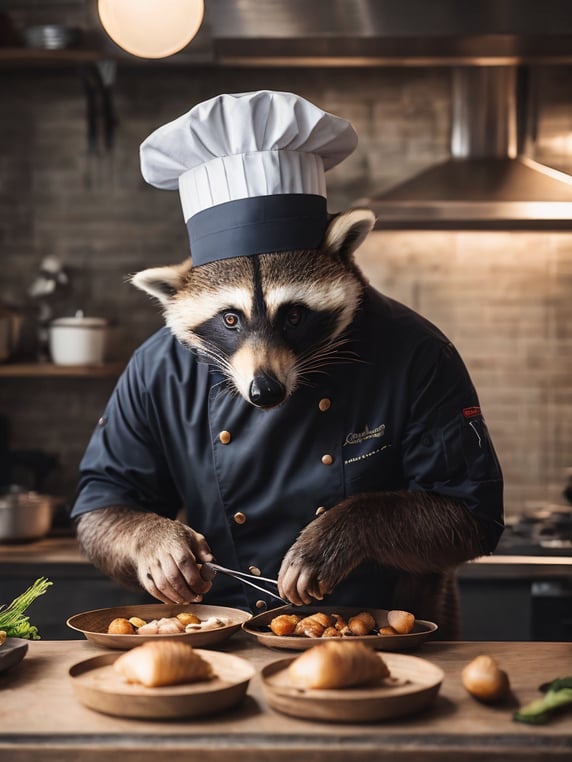 A chef racoon cooking scallops, wearing a chef hat, in a kitchen, professional