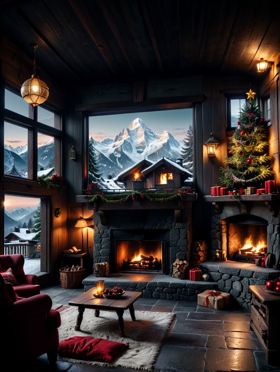 Very Swiss, friendly old chalet interior, low flat ceilings with wood beams, Christmas tree, red and white Christmas ornaments, ONE fireplace, romantic, friendly and warm atmosphere, winter night with snow, small windows with view of the alps and the moon