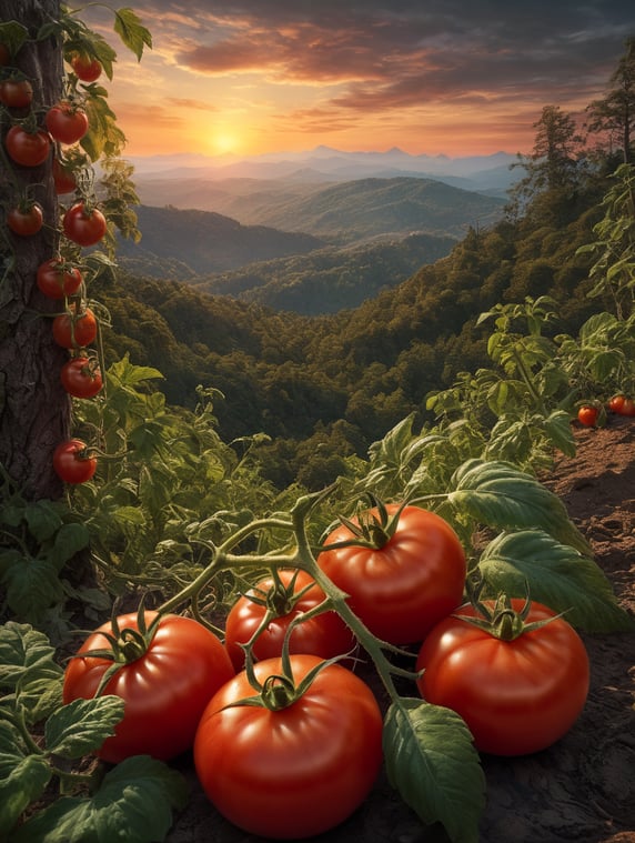 Tomato in a forest in front, unsharp background with sunset vibrant colors nature art scenic horizon mountain range skyline views artistic beauty colorful scenery nature photography sunset inspiration