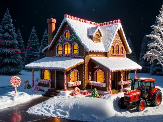 A small ginger bread house with a tractor parked outside. Candy cane for sale sign. Snow