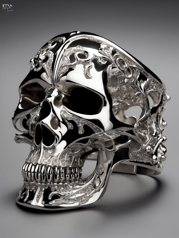 silver skull skelton cuff, etsy, in the style of expressionistic distorted forms, minimalistic canine sculptures, zbrush, chrome-plated, fluid, abstract expressionism, melting, sculpture installation