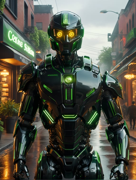 a black and green robot with neon lights in a helmet in front of a camera, octane render, polished craftsmanship. walking a morning street and eating pizza