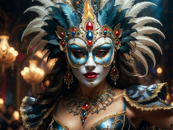 A mystical, unearthly scene against the backdrop of a velvety black night sky. The air is filled with an otherworldly haze, and the stars seem to twinkle brighter than usual, as if trying to illuminate the hidden truth. In the foreground is a woman wearing a carnival mask, her long flowing hair falling over her shoulders and gently swaying in the night breeze. Her entire body is adorned with exquisite jewelry that shimmers and sparkles in the dim light, adding a touch of otherworldly elegance to her already captivating appearance.