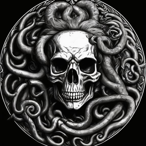 Skull of Medusa Gorgon, black and white, engraving; череп медузы Горгоны, черно-белый, гравюра
