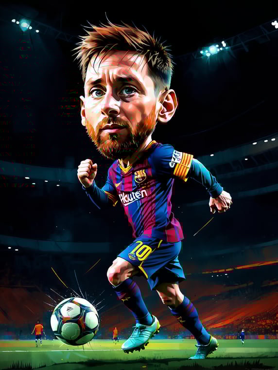 Messi con pateando el balon de futbol, ((high face)) background dark, dramatic lighting