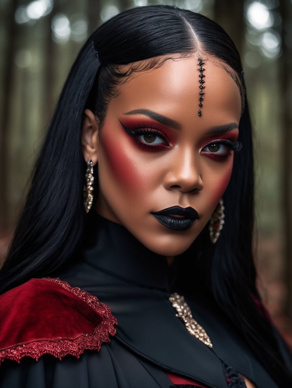 Portrait of Rihanna in a Dracula Halloween costume, scary face makeup, dark atmosphere, vintage style, red and black colors, high detail photo, professional photo shot, against the backdrop of an old creepy dark forest, contrasting light, bright colors, dark atmosphere