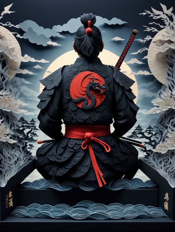 masterpiece best quality, view from back, a samurai sitting on traditional boat, looking to his right. He wear black samurai clothes with red japanese ornamen, and sword on his back. There are big japanese wave serounding the boat and dark sky, text to image art digital art