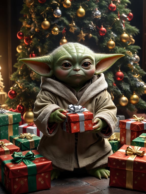 baby yoda at christmas opening presents