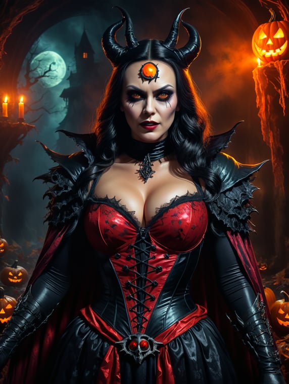 Monica Belluci as an evil character wearing creeoy and spooky Halloween costume, Vivid saturated colors, Contrast color