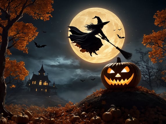 Halloween pumpkin scene, dramatic lighting at night, around the pumpkin, but in the night sky the silhouette of a witch flying on a broomstick, crescent moon and stars. Depth of field.