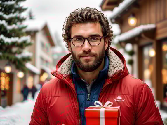 portrait of a bearded curly man wearing red puffer jacket, reeding glasses, stands front camera with gift box his hand, snowy weather, Christmas time, blurry background