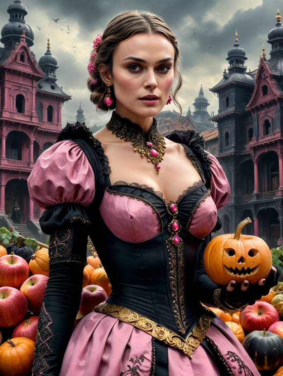 Keira Knightly in Pink and Black costume, Gold jewelry, Holding Knife, Fruits, Apples, Pumpkins, Beautiful yet scary Building in background, Scary face
