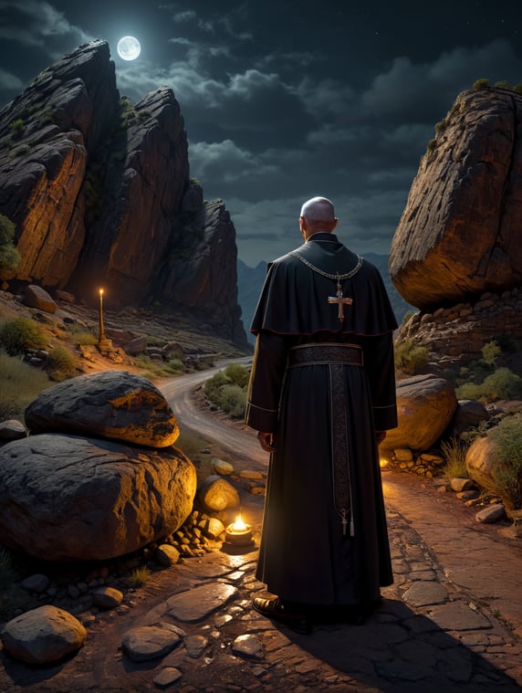 a priest near a rock on the road at night
