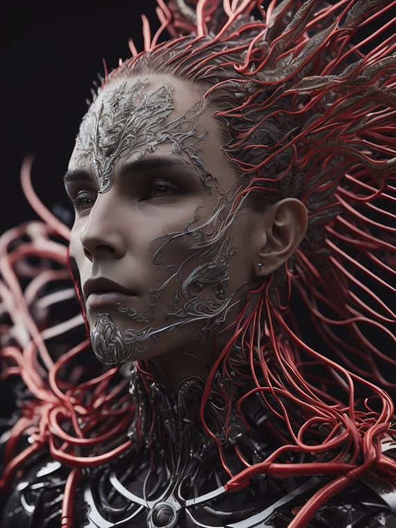 Complex 3d render ultra detailed of a beautiful death angel, biomechanical cyborg, analog, 150 mm lens, beautiful natural soft rim light, big leaves and stems, roots, fine foliage lace, colorful details, samourai, boris bidjan saberi outfit, pearl earring, piercing, art nouveau fashion embroidered, intricate details, mesh wire, mandelbrot fractal, anatomical, facial muscles, cable wires, microchip, badass, hyper realistic, ultra detailed, octane render, volumetric lighting, 8k post-production, red and white with a bit of black, detailled metalic bones, semi human, iridescent colors, glenn brown style,