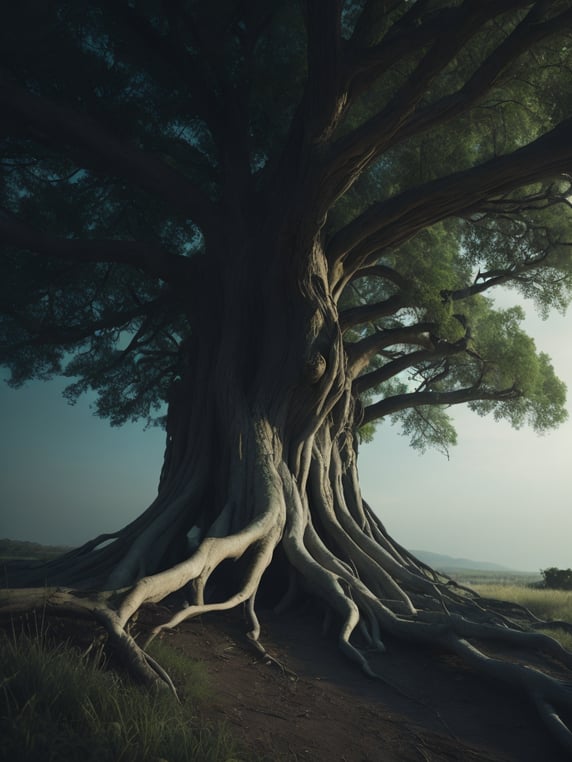 A single century-old tree in a dark forest illuminated by moonlight streaming through its leaves with exposed roots, viewed from a more open plan in an atmospheric atmosphere.