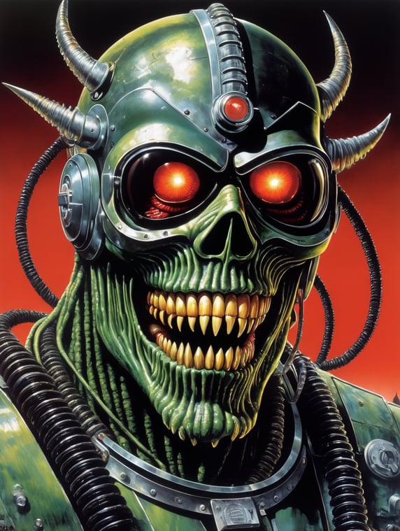 1987 scary heavy metal art, scary psycho killer monster, 80s scary horror illustration, no text, mk ultra, iron maiden, 80s illustration of futuristic heavymetal band, monster, cybernetic prison, metal art