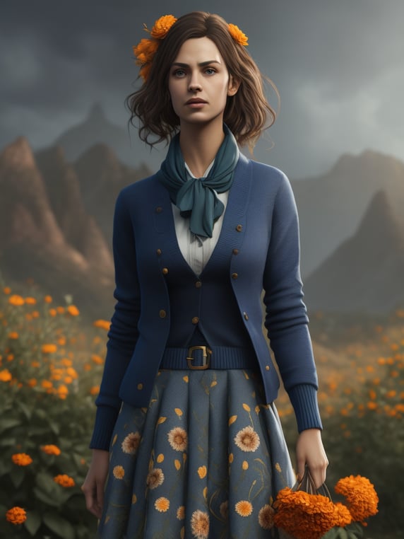 Clementine from Liane Moriarty skirt with flowers, blue cardigan