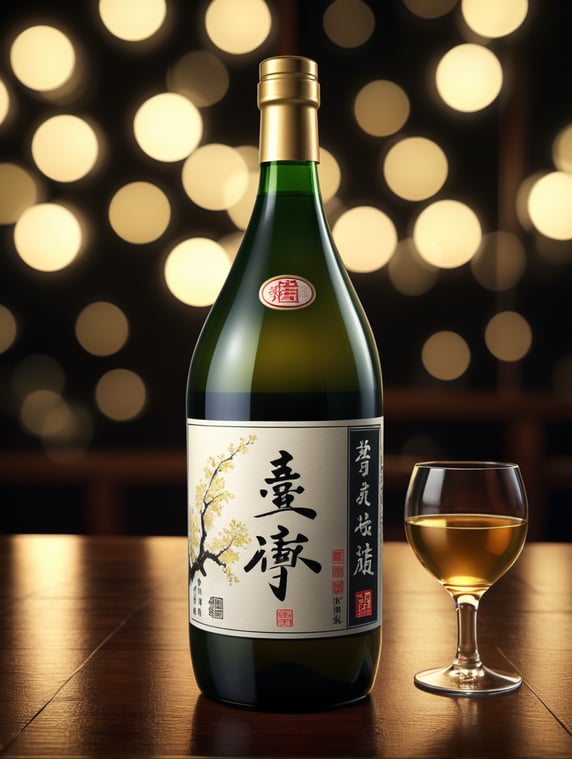 Realistic bottle of Sake, high-quality rendering, detailed label, elegant glass material, soft ambient lighting, reflective surface, christmas background, 4K resolution, ideal for online presentation