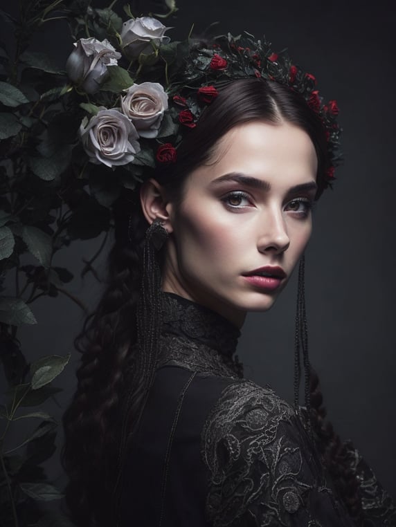 Portrait of a Beautiful women from Russian fairytale wearing traditional costume everything around black roses, deep atmosphere