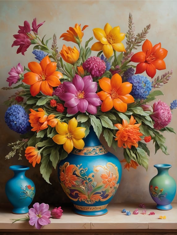 "Paint an artistic oil painting featuring vibrant clay vases painted in bright colors, adorned with colorful botanical flowers, in a classical artistic style similar to the works of Da Vinci."