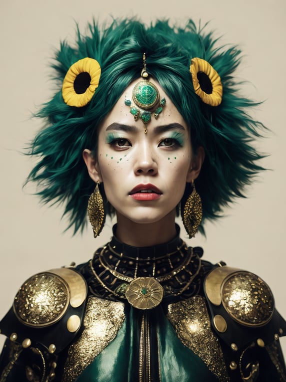 Hot beauty fairy girl face frontal symmetrical portrait, Abstract animal skin prints, facepaint, crown, open shoulder cute gauze V, hot, green phosphorite fluorescent hair color, porcelain - inspired, poster - like moonlit dance rituals and campfires, robot showing a sophisticated dance and japanese minimalism outfit, photography by jimmy Nelson, 35mm film, Jean Baptiste Monge, Takashi Murakami, Yoh Nagao, lisa frank, Boris Vallejo, art by Gerald Brom, Junji Ito, Tomer Hanuka, Enki Bilal, Oleg Oprisco, Nikon photography, shot photography by Wes Anderson, Kodak color, HD, 200mm