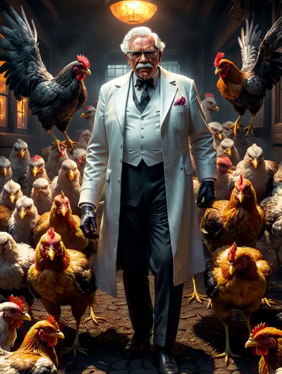 Colonel Sanders as an evil character surronded by chicken, dark and scary scene, Halloween style