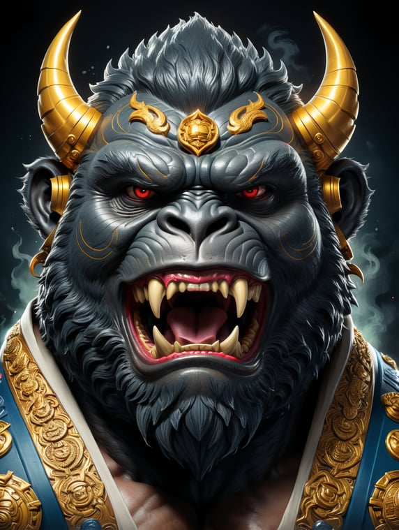 Create a dynamic illustration featuring a formidable hybrid of a Gangster Boss, Gorilla, Komainu, Pixiu, and Dragon head. Employ a seventies comic-style vector art with a perfect symmetrical front view, blending elements of a logo and superhero aesthetics for a captivating visual experience.