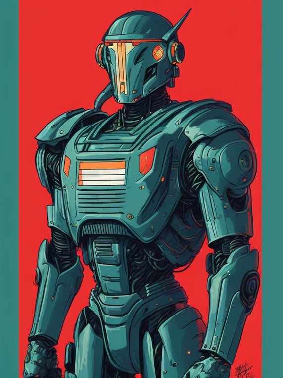 This vibrant artwork by George Wilson is an imaginative illustration of a robot in pulp-style armor.