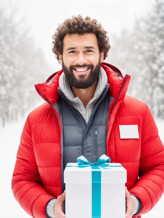 portrait of a bearded curly man wearing red puffer jacket, stands front camera with gift box his hand, snowy weather, Christmas time