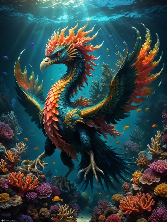sea phoenix pearl coral bow fantasy creature underwater oceanic beauty mythical creature aquatic elegance text to image