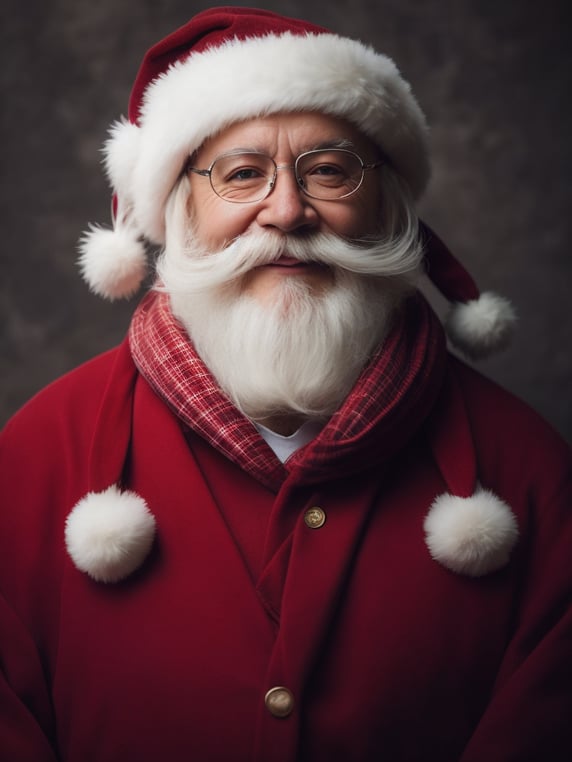 A charming Santa Claus with a white beard, hat and glasses smiling and looking directly at the camera. The photo is realistic with a vintage style and a magic light.; Um Pai Natal encantador de barba branca, gorro e óculos a sorrir e a olhar directamente para a camera. A foto é realista com um estilo vintage e uma luz mágica.
