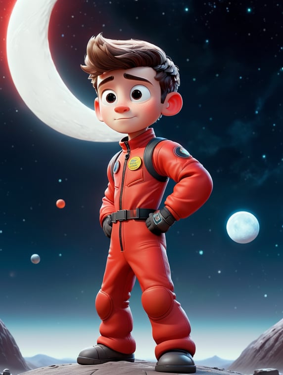 pre teen boy in red space suit standing on small moon in outer space.