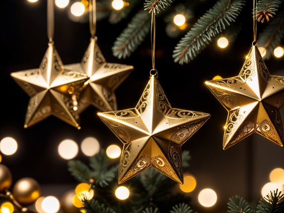 Gold Christmas star ornaments hanging from strings