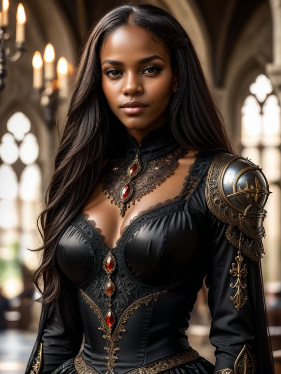 a beautiful black girl, she wears a beautiful catholic and gothic style outfit, she has very long, black and straight hair hyper realistic and detailed photo; uma linda garota negra, ela veste uma linda roupa estilo catolica e gotica , ela tem cabelos muito longos, pretos e lisos foto hiper realista e detalhada