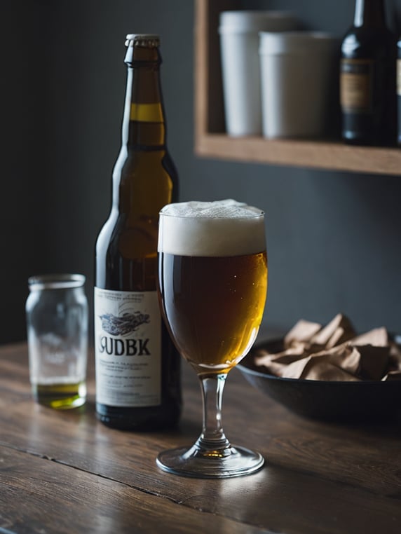 beer glass in a front and beer bottle on a back, dark atmosphere