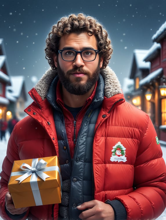 portrait of a bearded curly man wearing red puffer jacket, reeding glasses, stands front camera with gift box his hand, snowy weather, Christmas time, blurry background