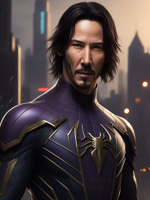 Keanu reeves in a black spiderman suit with no mask. Sky is speckled with stars and the black hole is consuming them. There is a cut on his face that glows purple. A city scape is crumbling behind him. It is raining and his hair is wet.The suit has rips in it.