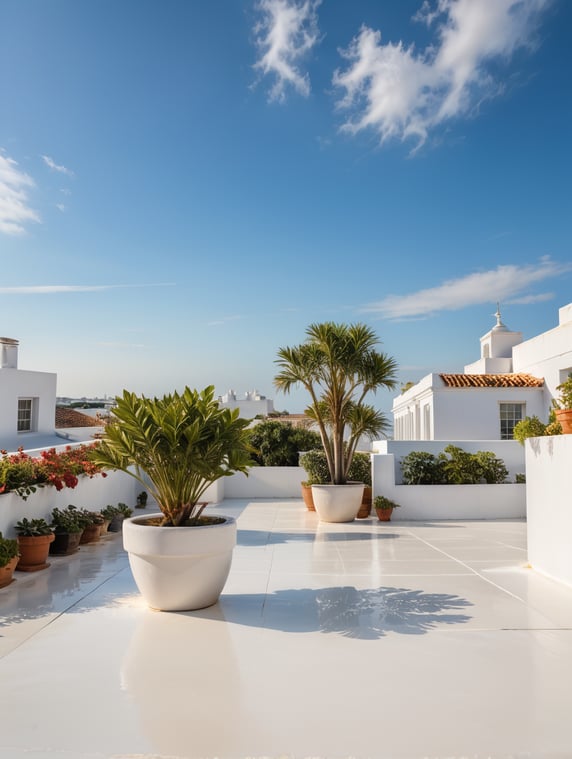 White rooftop with colorful plants. At the background are flat rooftops of other White House’s in the style of a Spanish village. Blue sky, high detail. The perspective should be as if it had been photographed by a person sitting on the roof and holding the camera straight towards the horizon