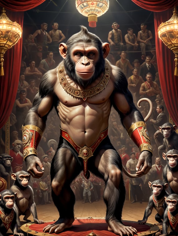 Vintage style circus sideshow poster of a full body anthropomorphic monkey