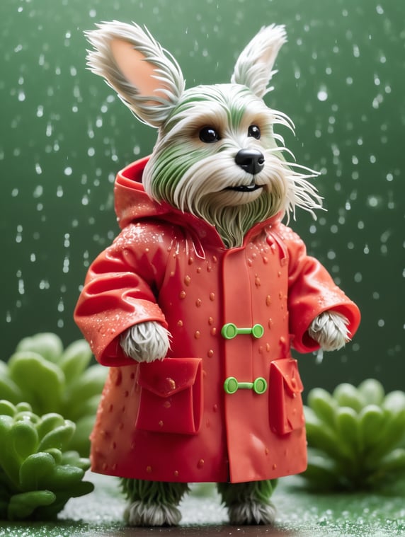 A small brown Chewbacca wearing a green raincoat