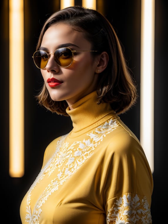 Front profile full body photography, in front of black wall, a hip hop 80's British model woman with 50's haircut, in a yellow and white turtleneck dress and large sunglasses, art by Sergio Lopez and Salvador Dali