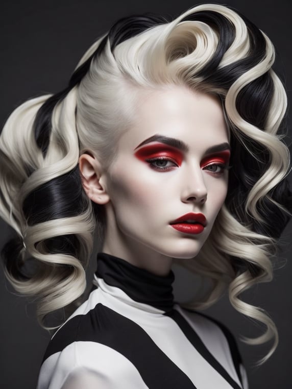 Pale-skinned girl model, wearing a black and white striped dress with a high collar, contrast lighting, Bright red make-up, Black and white curly long hair, dark background, fashion model, magazine cover, professional shot,