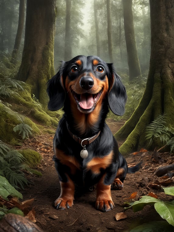 A happy long haired dachshund in the middle of a forest filled with black squirrels. The ground is dry and cracking.