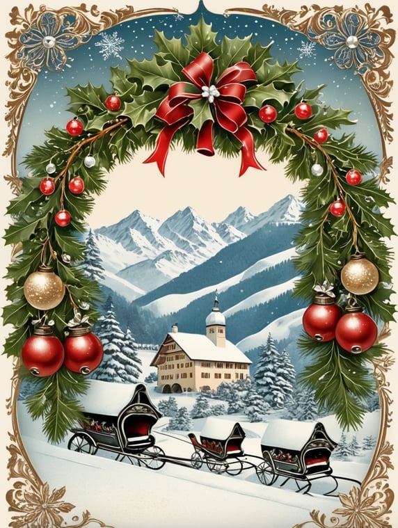 Austrian vintage Christmas postcard illustration brimming with nostalgic winter scenes, adorned with sleigh bells and delicate snowflakes
