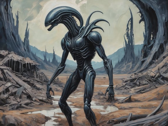 Paint a Xenomorph Alien in the style of Ernst Ludwig Kirchner. the background is a destroyed alien landscape.