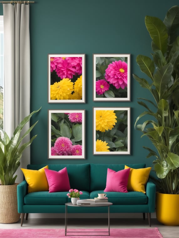 Mockup for two frames of 24x36 in. posters, hanging on a wall painted dark teal color, in a french modern country style livingroom, hot pink sofa and yellow pillows, many plants and flowers, bright livingroom