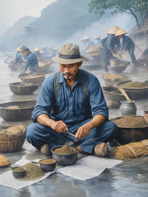 Vietnam, 40 year old man, working, full body image, creative image, high quality