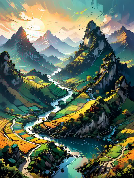 create pictures of landscapes with mountains, rice fields, rivers and trees; buat gambar pemandangan dengan gunung, sawah, sungai dan pohon-pohon