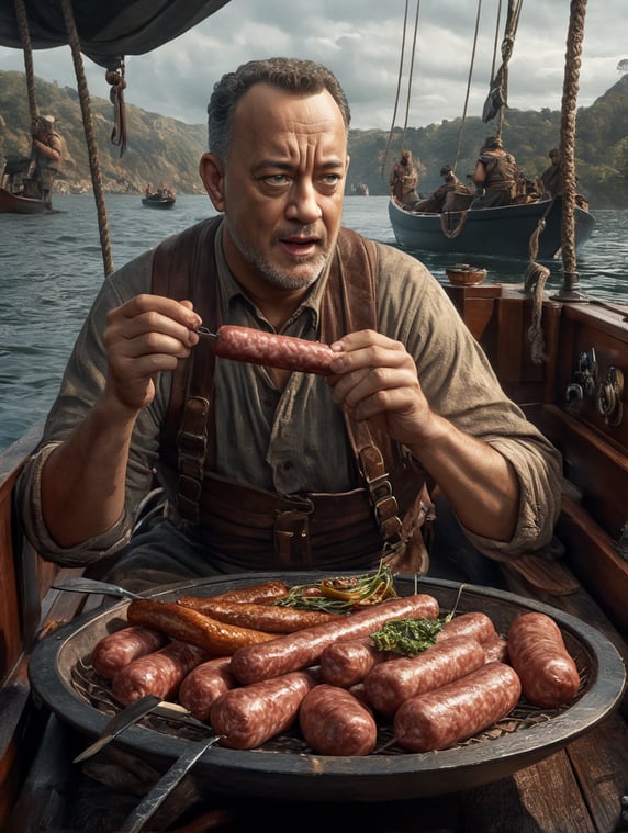 tom hanks eating sausage madej sparrow on a boat; tom hanks jedzący kiełbasę madej wróbel na łódce