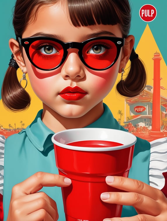 Miami young girl holding a red cup eye-catching poster-style drawing and illustration representing the iconic pulp style.